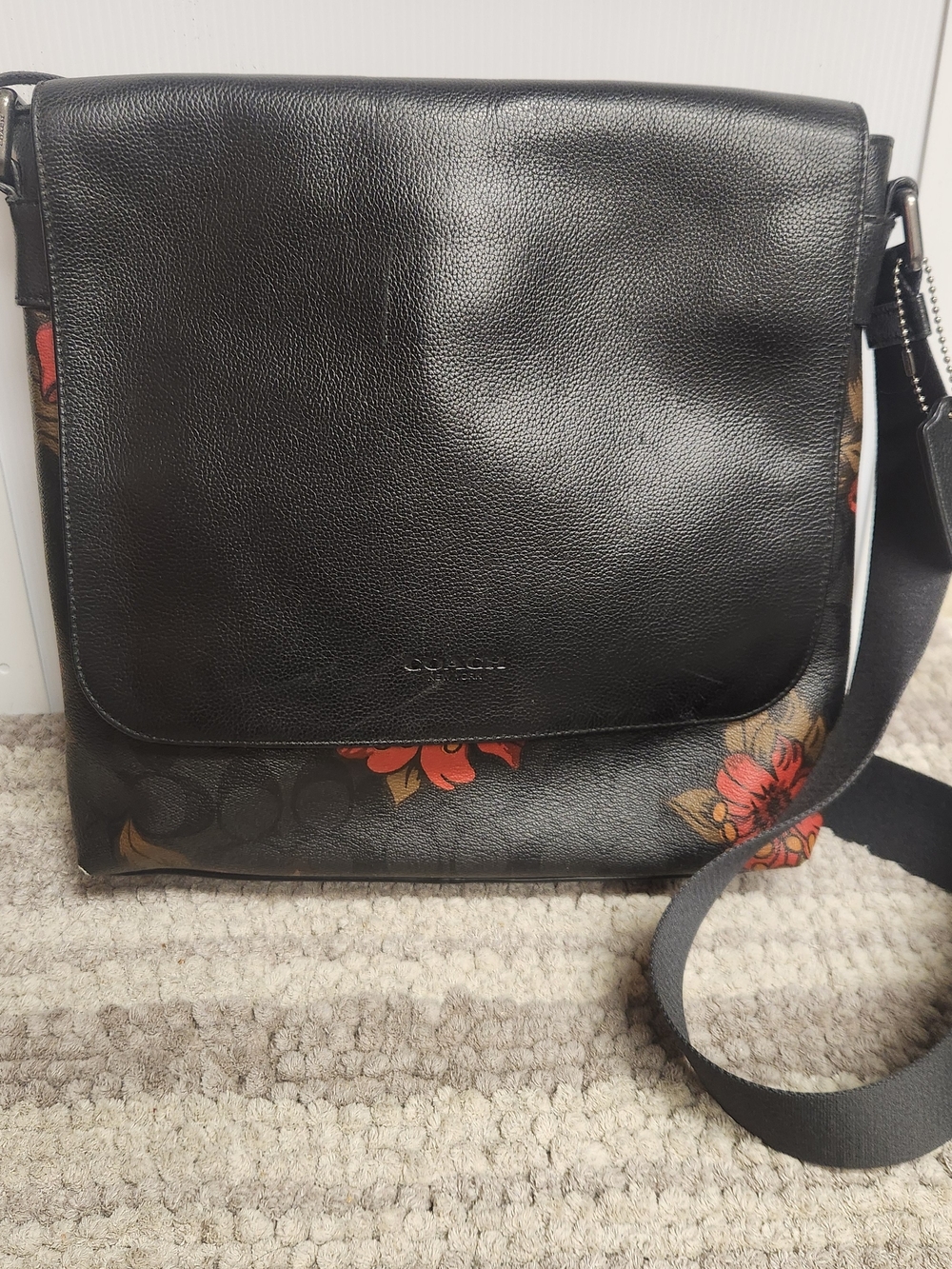 Coach Black Leather Messenger Bag with Red Floral Accents